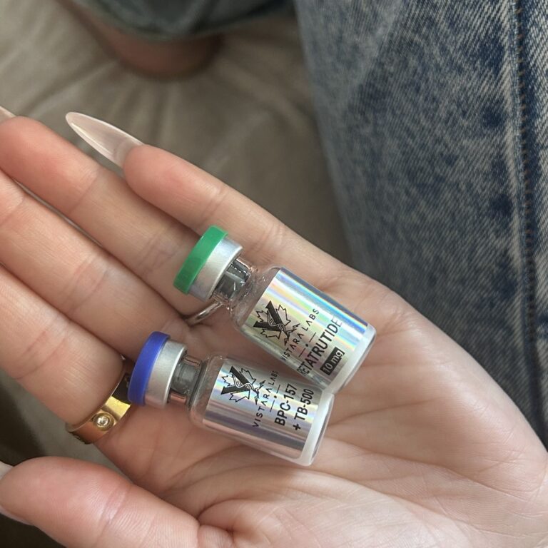 Customer photo of a hand holding Vistara Labs Retatrutide 10 mg and BPC-157 + TB-500 vials