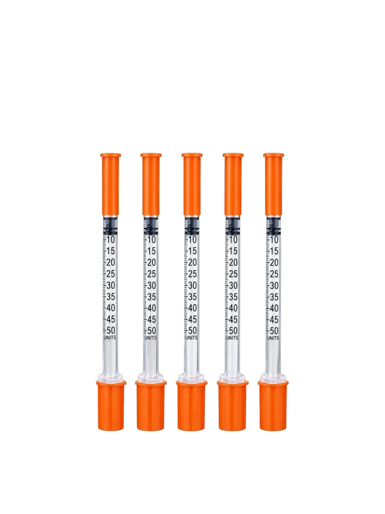 Five 0.5 mL U-100 syringes with 32G 6 mm needles and orange caps