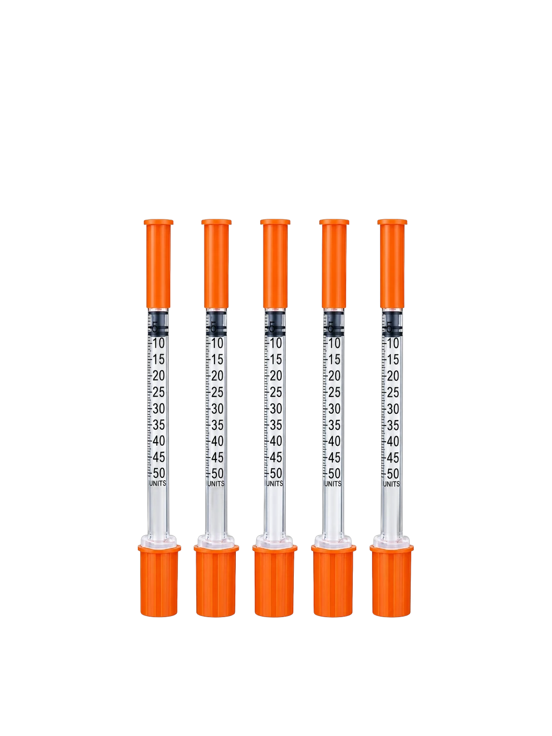 Five 0.5 mL U-100 syringes with 32G 6 mm needles and orange caps