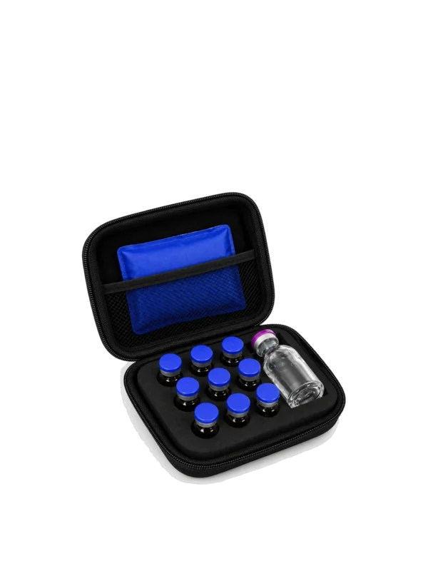 Peptide travel case with ice pack, nine 3 mL vial slots and one larger vial slot