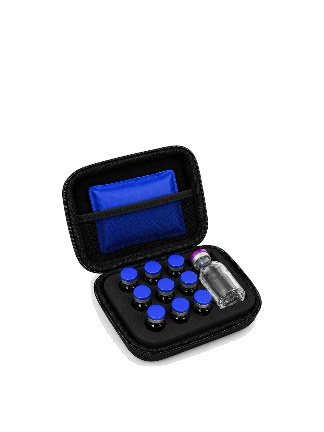 Peptide travel case with ice pack, nine 3 mL vial slots and one larger vial slot