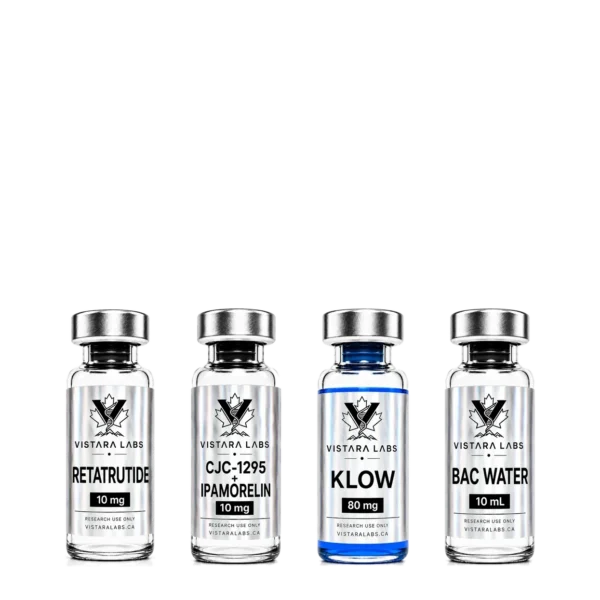 Retatrutide, CJC-1295 + Ipamorelin, KLOW and bacteriostatic water vials