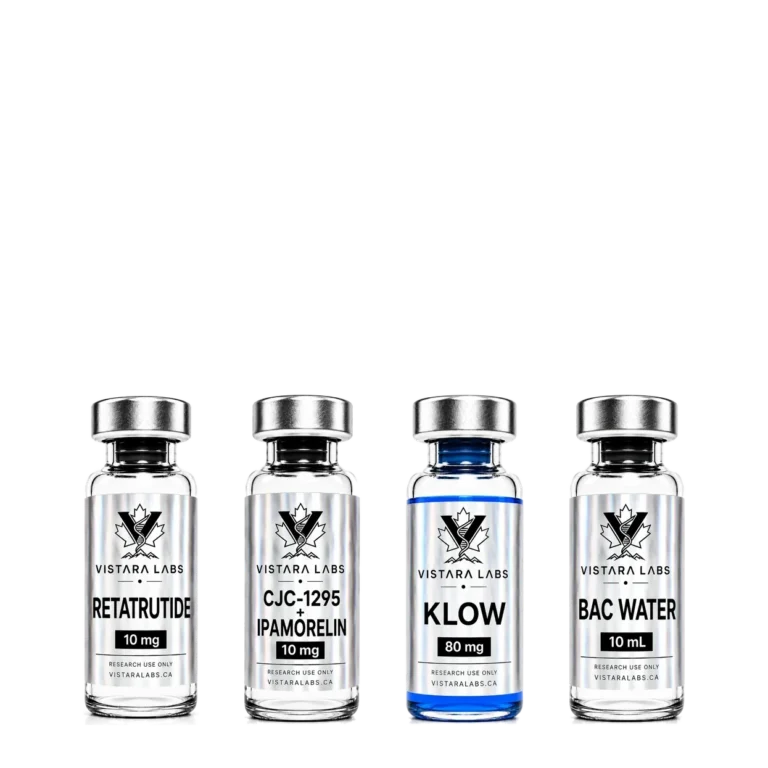 Retatrutide, CJC-1295 + Ipamorelin, KLOW and bacteriostatic water vials