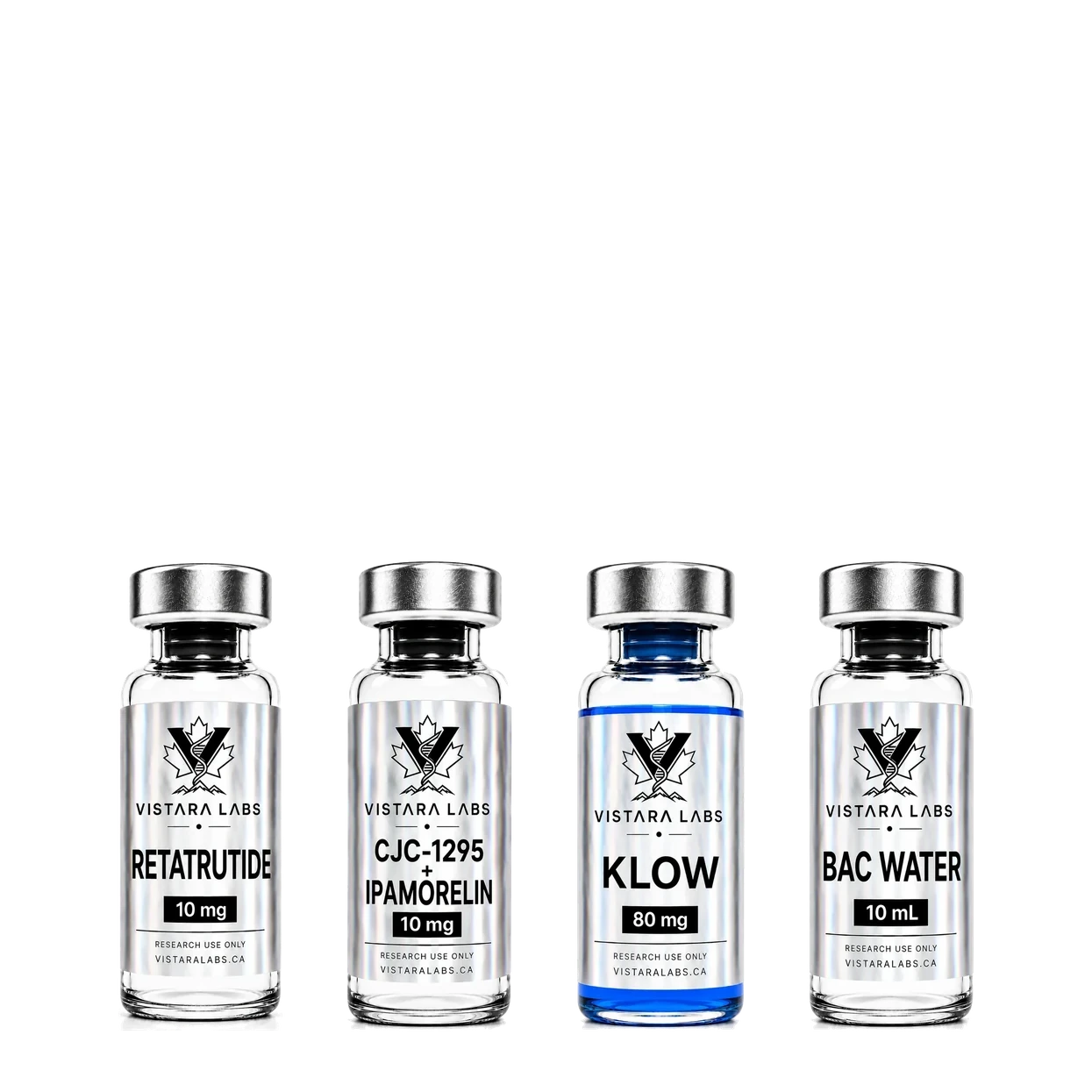 Retatrutide, CJC-1295 + Ipamorelin, KLOW and bacteriostatic water vials