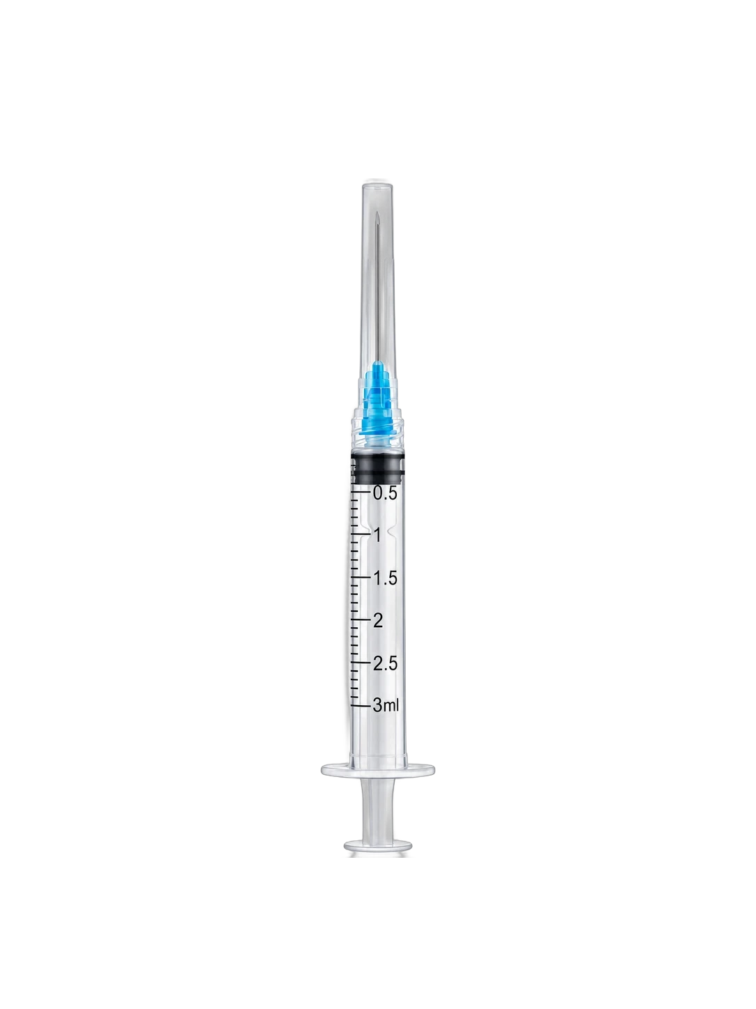 3 mL syringe with attached needle and clear protective cap